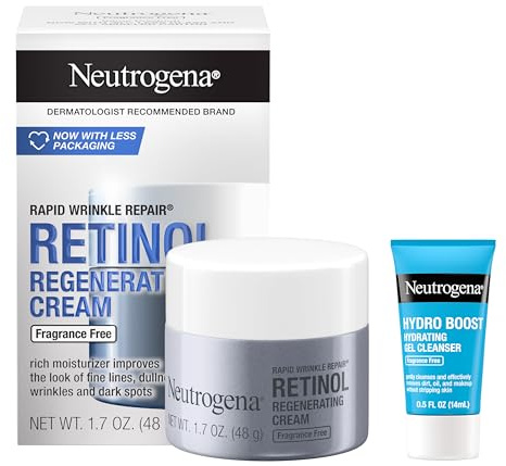 Neutrogena Rapid Wrinkle Repair Retinol Face Moisturizer, Fragrance Free, Anti-Aging Face Cream with Retinol & Hyaluronic Acid, 1.7 oz + Trial Size Hydro Boost Facial Cleanser, 0.5 fl. oz