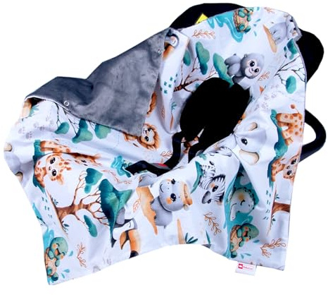 Babylux Einschlagdecke 80x80 cm für Babyschale & Autositz – Wende-Decke aus Plüsch & Baumwolle, mit Gurtschlitzen (148 - Grau + Dschungel)