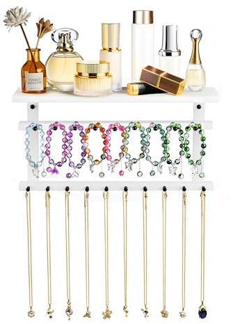 Emfogoo Hanging Jewellery Organiser Necklace Stand, Wall Jewellery Organiser Necklace Hanger with 19 Hooks & Wood Shelf, Necklace Holder Display for Necklaces Bracelets (White)