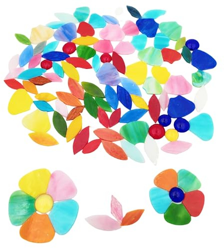 8 pezzi di fiori + 60 pezzi di foglie tessere a mosaico, petali e foglie di 2 dimensioni in vetro colorato per fai da te, decorazione per la casa, decorazione interna ed esterna con scatola