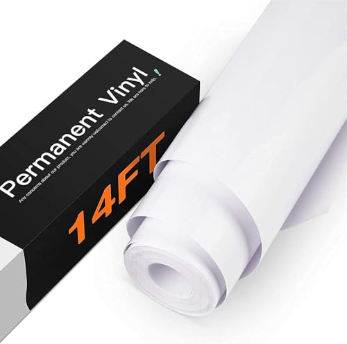 HTVRONT White Permanent Vinyl - 12 x 14FT Glossy Permanent Adhesive White Vinyl Roll Compatible with Cricut Cutting Machine, Silhouette, Cameo Cutters, Signs, Scrapbooking, Craft, Die Cutters