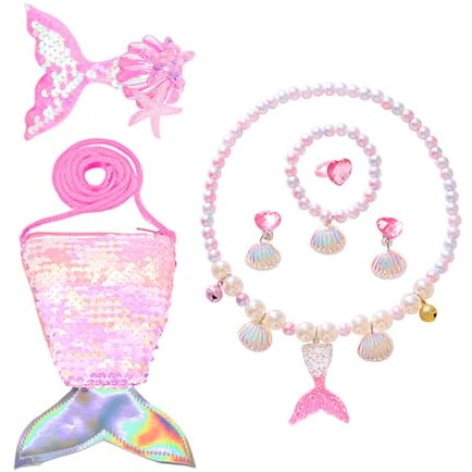 WIRZUL 7 Stück Meerjungfrau Kinder Schmuckset Mädchen Schmuckkästchen Klein, Meerjungfrauenflosse Mädchen Tasche, Halsketten, Ohrringe, Armbänder Ringe für Party Dress Up Geschenk(Rosa)