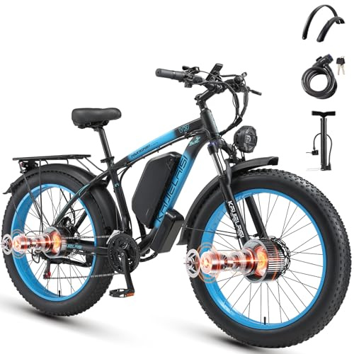 AWD Electric Bike for Adults, Peak 4000W Power 26” Fat Tire Ebike, Dual Motor Electric Bicycles, 48V 22.4AH Removable Battery Fast Dual Hydraulic Brakes All Terrain E-Bikes (V3, Black-Blue)