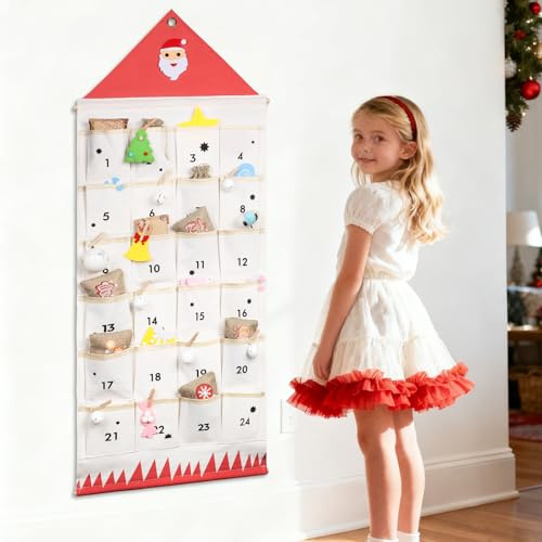 Large Fabric Advent Calendar with Pockets, Xmas Empty Advent Calendar to Fill Your Gift, Wall-mounted Christmas Countdown Calendar Decoration Canvas