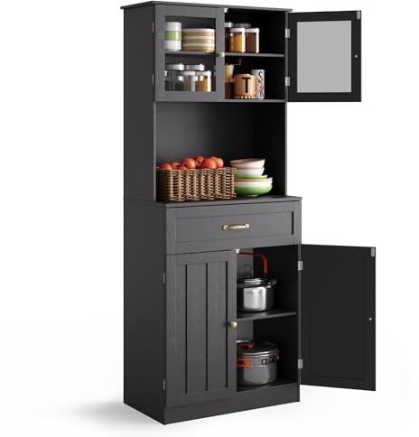 Blishom Küchenschrank, Buffetschrank mit Schublade, Küchenschrank mit Arbeitsfläche, Vorratsschrank mit verstellbaren Einlegeböden, Glastüren, Kabelloch, für Küche und Esszimmer, 180x73x41 cm, Schwarz