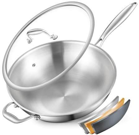 Nontoxicook Tri-Ply Stainless Steel Wok Pan, 33cm(13inch) Cooking Wok | With Lid, with Side Ear, Wide & Deep Cookware Stir-Fry Pans, Oven Safe Up to 315℃, Suitable for All Hobs Including Induction