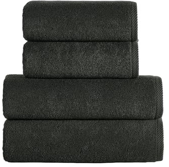 Roominess Handtuch-Set Baumwolle 4-teilig Anthrazit – 50x100 & 70x140 cm – Badehandtücher, Handtücher Set & Duschtuch mit Aufhänger – saugfähig, pflegeleicht, Hotelqualität für Sauna, Hotel & Airbnb
