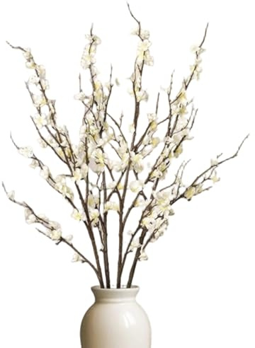 4 ramas de flor de cerezo, tallo largo, flores de cerezo artificiales, arreglos florales de imitación de primavera para decoración del hogar, fiesta, boda, jardín, tienda, ramas de imitación blancas