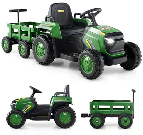COSTWAY Ride on Tractor with Trailer, 12V Electric Kids Toy Car with Remote Control, Horn, Music, USB, LED Headlights, Dual Motors Battery Powered Ride on Toys for 3-8 Years Old (Dark Green)