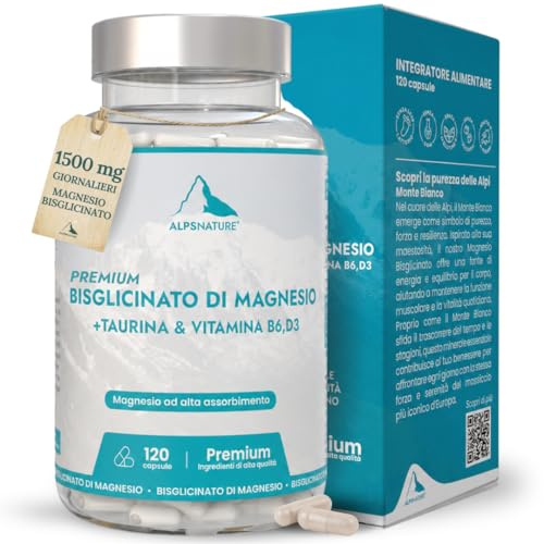 Magnesio Bisglicinato 1500 mg con Taurina, Vitamina B6 Activa y D3 – 300 mg de Magnesio Elemental por Dosis Diaria – Alta Absorción, Estrés, Sueño y Músculos – 120 Cápsulas Sin Gluten – Alps Nature