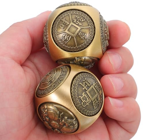 Baoding Bälle 36mm 2 Stück Messing mit Sechsseitiger Reliefstruktur | Handtherapie und Fingerbeweglichkeit, Goldfarbene Ausführung, für Büroentspannung und Wohndeko
