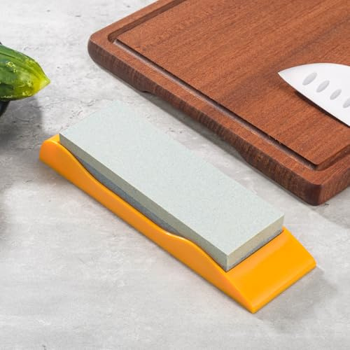 QIALAI Dual Grit Knife Sharpening Stone, 240/320 Grit Whetstone with Non-Slip Base, Compact Corundum Sharpener for Kitchen & Hunting Knives (Orange)