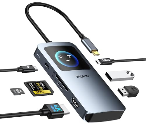 MOKiN MacBook Dongle, 7-in-1 Mac Dongle 4K@60Hz, 100W PD, USB-C 3.0, 2x USB-A 3.0, SD/microSD Card Reader, USB C to HDMI Adapter with Smart LCD Display for MacBook Pro/Air