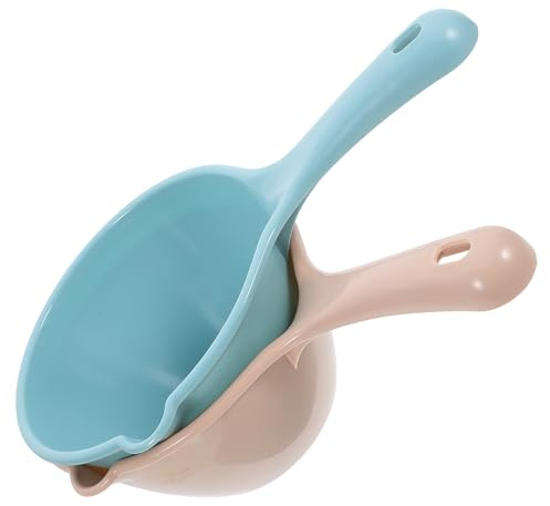 DEARMAMY Cucharones de Plástico 2 Piezas, Cucharón para Baño y Cocina, Pala para Agua con Mango Ergonómico, Colores Azul y Caqui, Herramienta Multiusos para Ducha, Jardín y Hogar