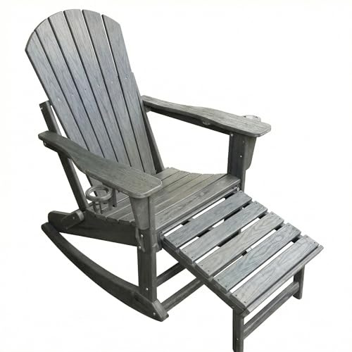 Garvee Silla Adirondack Balancín Exterior Plegable de HDPE Resistente a Intemperie, Sillón de Jardín con Reposapiés Retráctil y Portavasos, Mecedora de Terraza Ergonómica para Porche y Patio, Gris