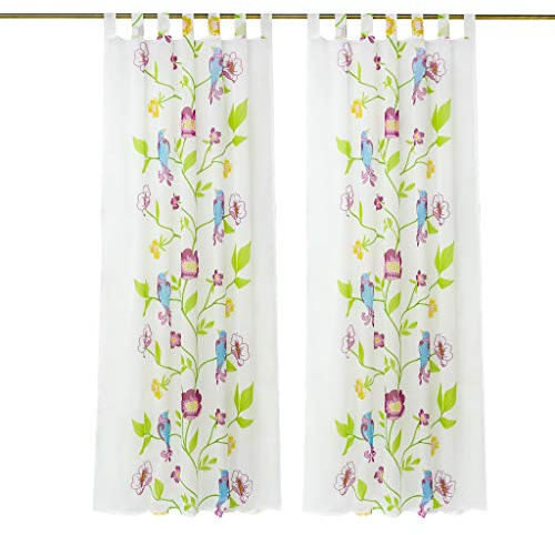 Yujiao Mao Halbtransparent bunt Vorhang mit dekorativem Blumen- Vogel- Muster 1er- Pack Voile Deko Gardine mit Schlaufen, BxH 140x145cm