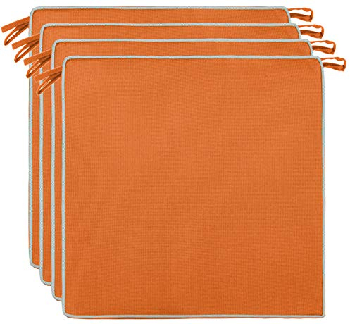 Brandsseller Set de 4 Cojines de asiento 40x40x4 cm – Cojine para silla repelente al Agua y las Manchas con Cintas de Sujeción y Ribete – interior y exterior – Cocina,Terraza, Jardín – Naranja