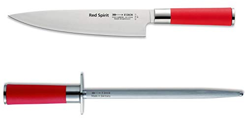 Dick Red Spirit breites Kochmesser 21 cm Set mit rundem Standardzug Wetzstahl 25 cm
