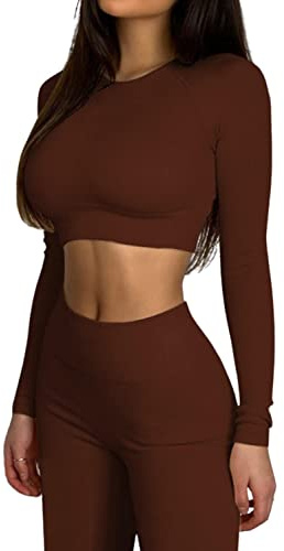 JN JANPRINT Ensemble de gym 2 pièces pour femme - Tenue d'entraînement à manches longues - Legging taille haute - Vêtements de sport, marron, M