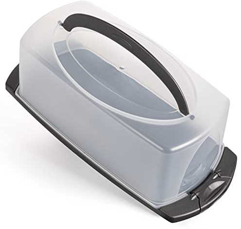 Hausfelder porta torta rettangolare con coperchio e manico, contenitore rettangolare vetro torta, portatorta plastica, 34 x 17 x 12 cm