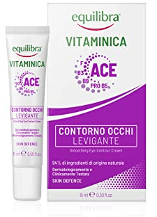 Equilibra, Contorno Occhi Anti-aging Levigante Vitaminica,con Complesso Multivitaminico, Acido Ialuronico, Caffeina, Burro Pistacchio, Azione Levigante, Contrasta Borse e Occhiaie,15 ml