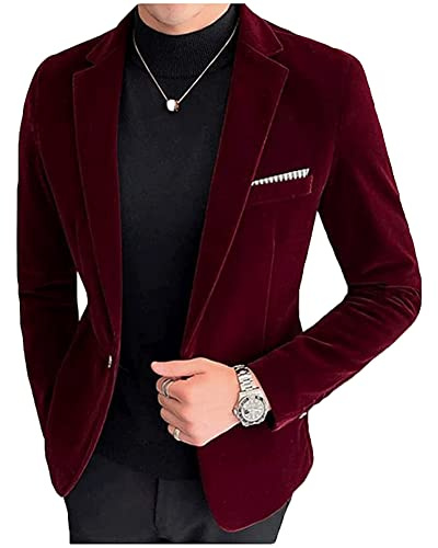 Mi Bo Tong Slim Fit Velvet Mens Blazer Peak Lapel One Button Tuxedos Jacket Wedding Party Coat Burgundy 36 Chest / 30 Waist