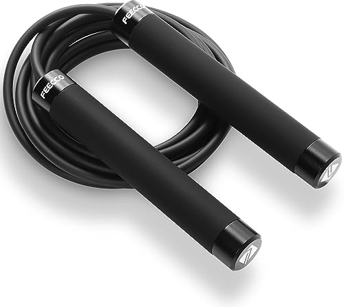 FEECCO FITNESS 1/2 lb Weighted Jump Rope for Boxing, Cardio, Crossfit Workout, 8~11ft Range Adjustable Length Steel Ropes with Ball Bearings and Metal Handles, Suitable for Men and Women