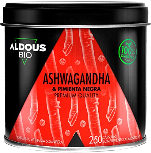 Ashwagandha Capsulas Orgánica 2160mg - 250 Cápsulas Vegetales - Raíz de Ashwagandha con Pimienta Negra - Sin Aditivos - Withania Somnifera Alta Absorción - Certificación Ecológica - ALDOUS