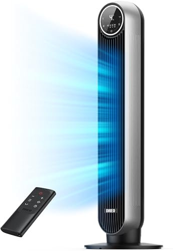 WIAONE Dreo Tower Fan for Bedroom, 24ft/s Velocity Quiet Fan, 90° Oscillating Fans for Indoors with 4 Speeds, 4 Modes, 8H Timer, Standing Floor Fans, Bladeless Fan, Silver, Nomad One