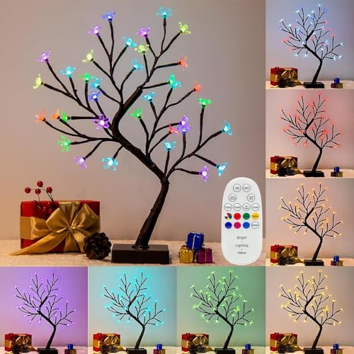 Eambrite Cherry Blossom Tree Lamp Flower, 36 Led Twinkling Spirit Tree Colour Changing, Brown Twig Tree Christmas Decorations Indoor Home Bedroom Tabletop Decoration (USB/Battery Powered, 17.5inch)