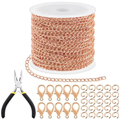 Tanstic 102Pcs 30 Feet Jewelry Making Chains Necklace Chains Bulk Cable Link Chain with 50Pcs Jump Rings, 50Pcs Lobster Clasps, Pliers for Bracelet Necklace Making(Rose Gold)