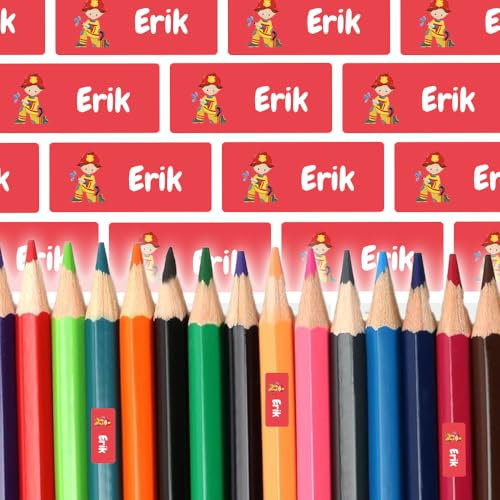 Etiketten mit Feuerwehr-Motiv für Stifte & Co (35 Sticker) – Namensetiketten für dein Federmäppchen oder das Lineal – Geeignet für die Waschmaschine, Spülmaschine, Geschirrspüler – 30 x 13 mm