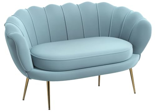 HOMCOM Divanetto 2 Posti in Tessuto Effetto Velluto, Piccolo Divanetto Vintage con Braccioli, Moderno, Seduta Imbottita per Camera da Letto e Soggiorno, 130x77x77cm, Azzurro