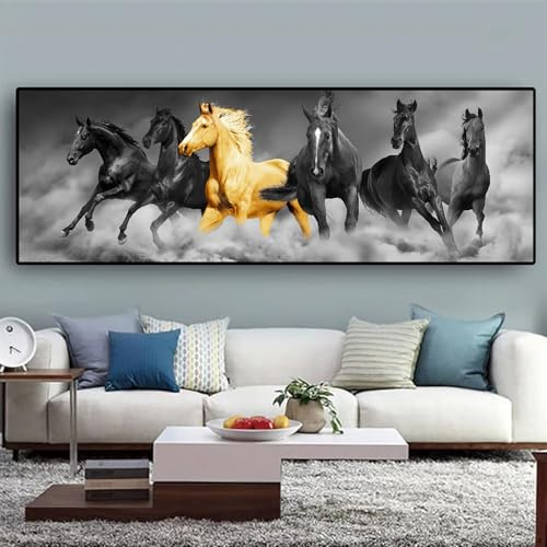 UGZDEA Poster su tela cavallo, motivo cavalli in bianco e nero, con animali, per soggiorno, camera da letto, senza cornice（A,30x90cm）