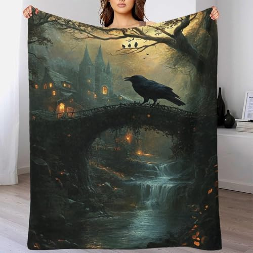 Coperta in pile di flanella termica con stampa 3D di Twilight Crow, in stile gotico, per letto, divano, copriletto, leggera, versatile, da viaggio, campeggio, calda, multifunzionale, 150 x 200 cm