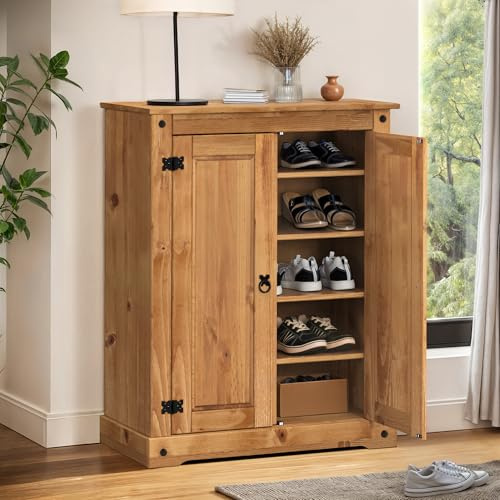 Corona Shoe Rack Cupboard 2 Door Chest Antique Wax Solid Wood Mexican Pine Wooden Footwear Storage Cabinet Hallway Entrance Hall 108cm High 86cm Wide 39cm Deep