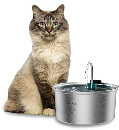 Cecotec Fuente para Gatos Automática Mascotas Pumba 3200 Refresh INOX. Capacidad de 3,2L, Acero Inoxidable, Filtro Alto Rendimiento, Silenciosa, Diseño de Cascada, IPX4, Fácil Limpieza