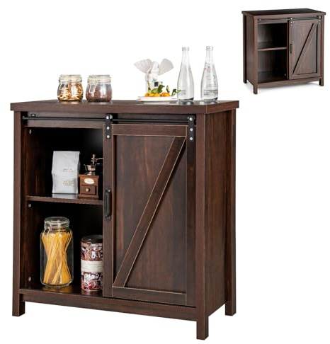 KOMFOTTEU Armadio a buffet con 4 scomparti, moderno armadio da cucina con ante scorrevoli, cassettiera da cucina industriale, credenza per soggiorno e corridoio, 80 x 40 x 82 cm, marrone