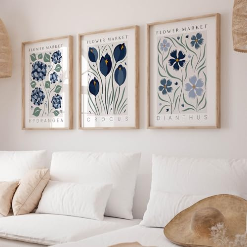 Set of 3 Boho Blue Flowers Canvas Paintings, Modern Abstract Art Wall Pictures, Vintage Pictures Decoration for Living Room or Bedroom - Frameless (30 x 40 cm)