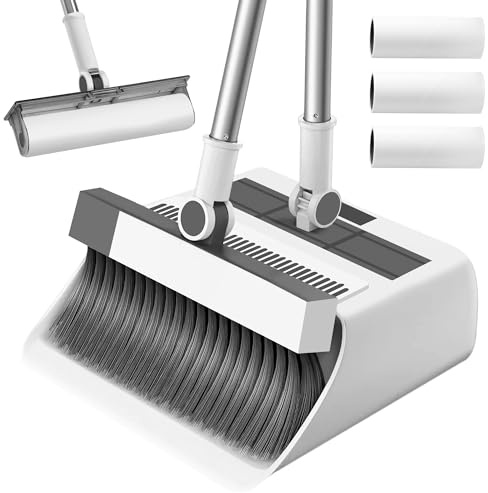 JUPPLIES Escoba y Recogedor Plegable 3 en 1 con Rodillo Quitapelos Desmontable - Mango Telescópico de 126 cm y Rotación de 180º - Limpieza del Hogar Oficina (Escoba + 3 Recambios)