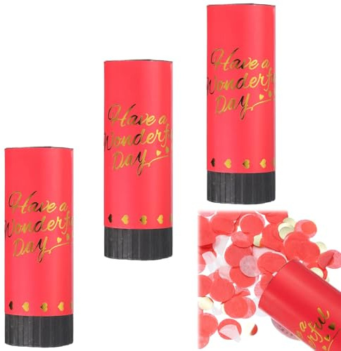 3Pcs Biodegradable Confetti Cannons, Red Confetti Cannon, Wedding Party Cheer Confetti Columniform Cannons for Graduation Bridal Anniversary New Year Celebration Supplies