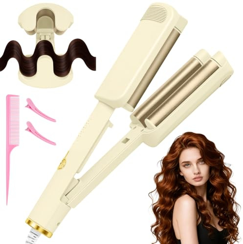 LOPHE 32mm Cheveux Wavy Fer à Boucler, Fers à Onduler French Waves avec 4 Températures Réglables, Cheveux Wavy Fer à Boucler pour Cheveux Longs Courts, Convient aux Débutants, Anti-Brûlure, Abricot