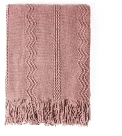 BOURINA Textured Solid Soft Sofa Throw Couch Cover Knitted Decorative Blanket, Coral Pink, 127x152cm