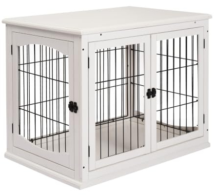 PawHut Dog Crate Furniture 2 Doors for Medium Dogs 81 x 58.5 x 66 cm White | Puppy Crate End Table, Pet Kennel House, for Small Dogs