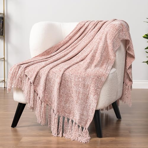 PAVILIA Chenille-Überwurfdecke für Couch, weiche Hellrosa Strickdecke mit Quasten-Fransen, gewebte Chenille-Strickdecke, dekorative Decke für Sofa, Bett, Wohnzimmer, Dekoration, Geschenk, 50 x 60 cm