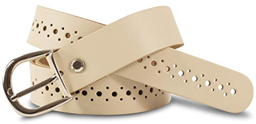 SCAMODA Damengürtel aus Echtleder mit Lochmuster, silberner Gürtelschnalle - Made in Germany (Creme - 120/BW105 - Br. 2cm)