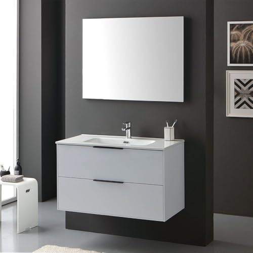 Kiamami Valentina - Mobile Bagno Sospeso | Finitura Bianco Lucido | Maniglie Nere | Lavabo in Resina | Specchio A Filo, 90CM, Resina
