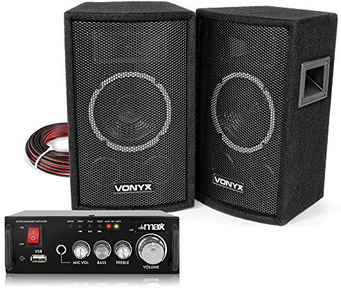 VONYX SL6 Passive PA Speakers Pair & AV340 Stereo Amplifier with Bluetooth, Karaoke, Echo, USB MP3 Home Audio Sound System for DJ Party Disco Karaoke
