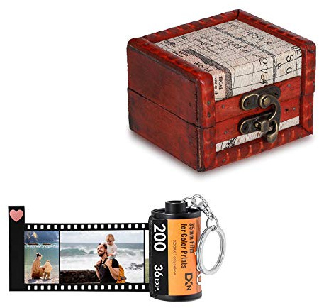 ALBERTBAND Personalisiert Schlüsselanhänger mit Eigenem Foto Gravur Bedrucken mit 5/8/10/15/20 Stück Fotofilm-Rollen Schlüsselbund Geschenk für Weihnachten Geburtstag (FilmRoll+Vintage Box-8pcs)