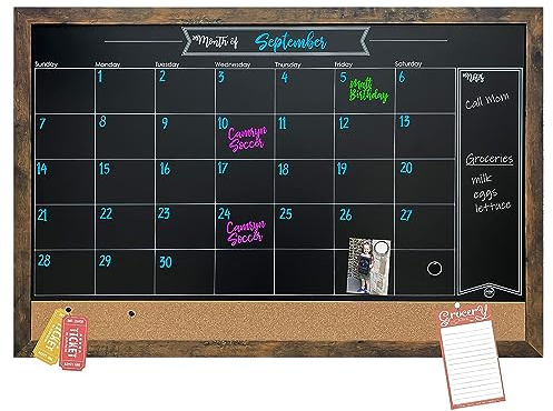 Loddie Doddie Pizarra magnética con marco rústico y tablero combinado de anuncios. Pizarra - Calendario - Tablero de corcho. Organiza tu espacio